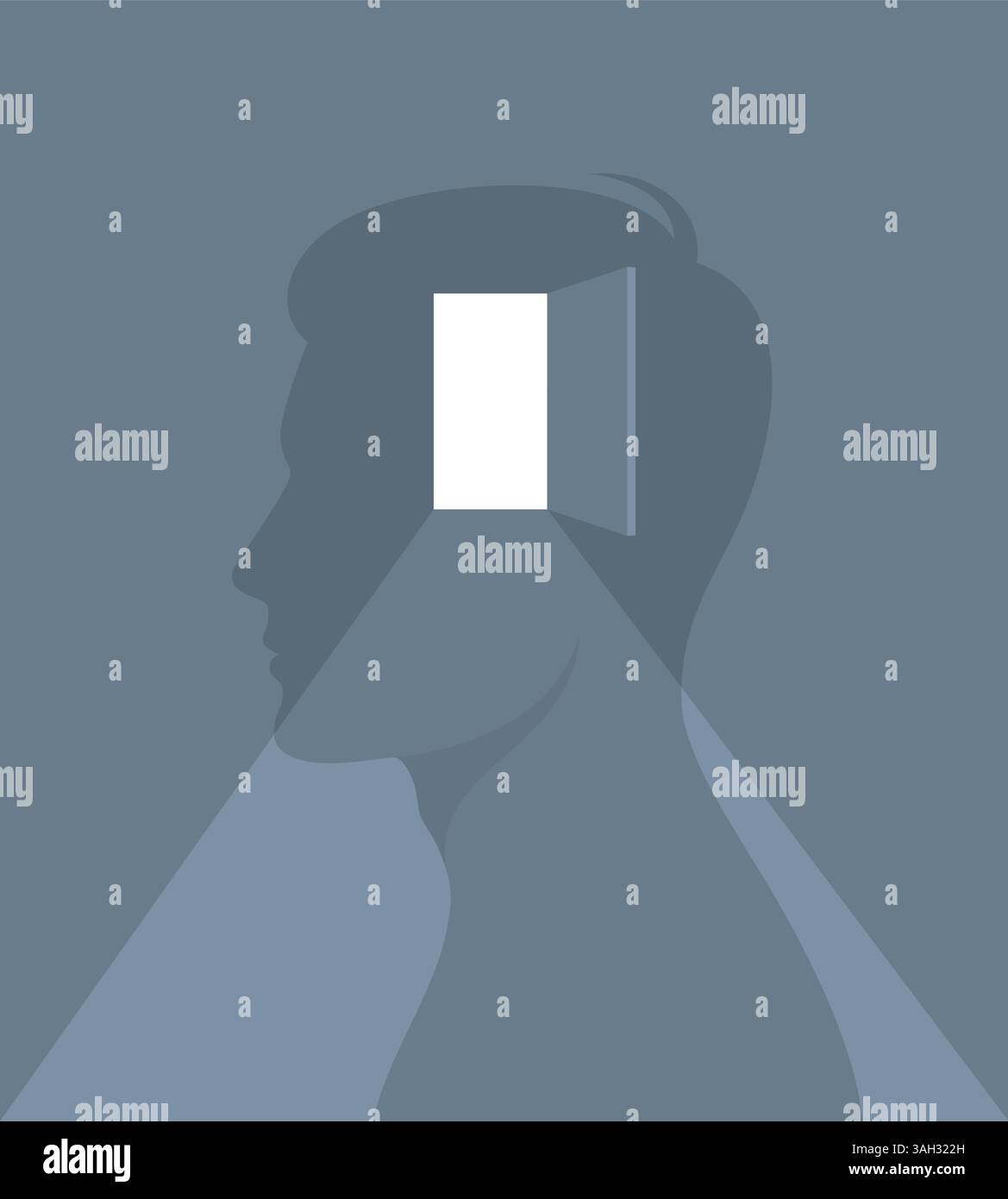 Lumière vive provenant d'une porte ouverte dans la tête d'une silhouette humaine. Illustration vectorielle plate Illustration de Vecteur