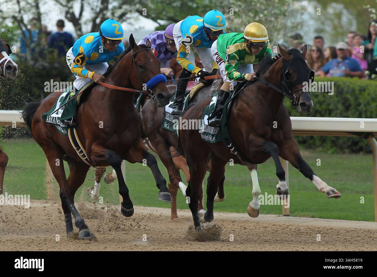 11 avril 2015 - Hot Springs, AR, États-Unis - 11 avril 2015 : le champ de départ descend le tronçon d'ouverture du Derby de l'Arkansas à Oaklawn Park à Hot Springs, AR. Justin Manning/ESW/CSM(crédit image : © Justin Manning/Cal Sport Media/ZUMAPRESS.com) Banque D'Images