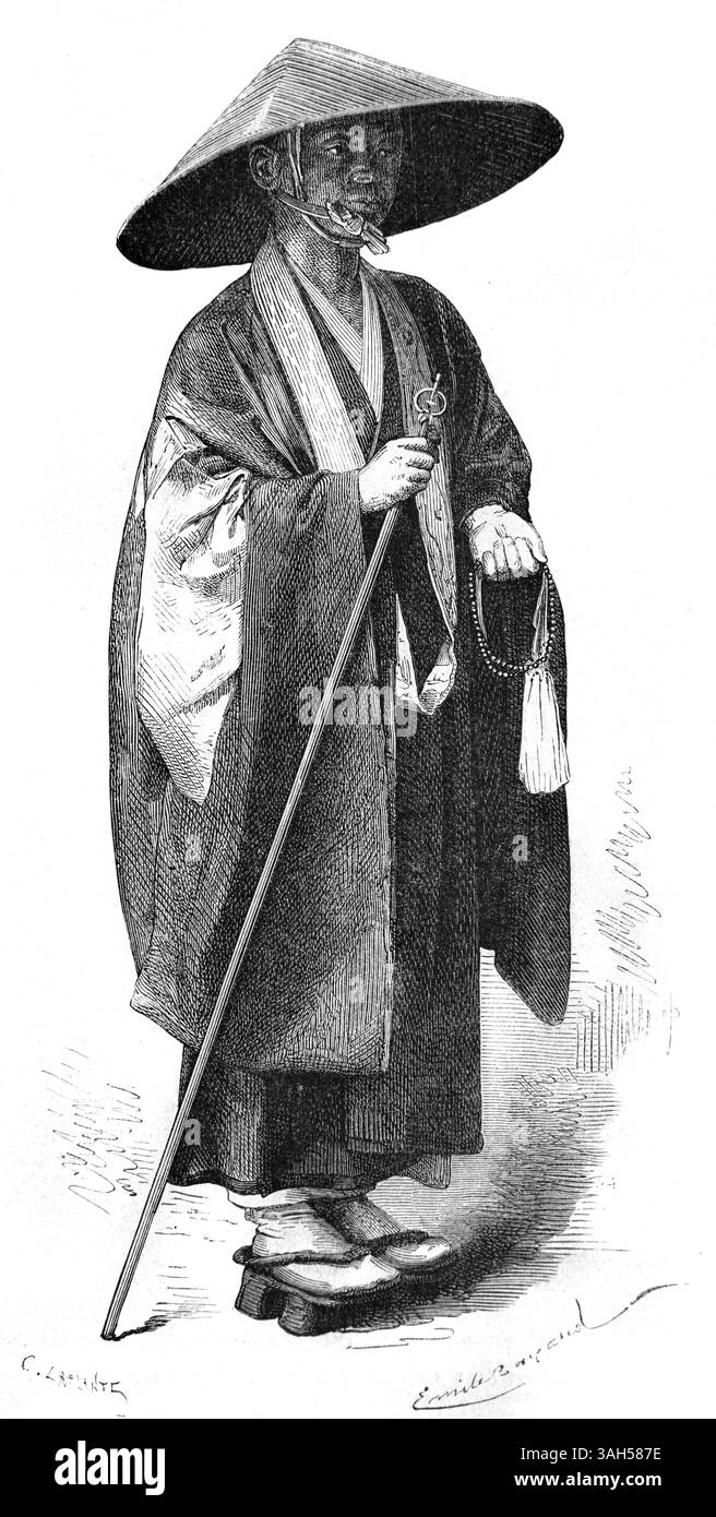 Un moine bouddhiste japonais, Bonze ou Bhikkhu, et chercheur ou chercheur portant des robes traditionnelles, des vêtements et un chapeau conique dans le monastère bouddhiste Japon. Gravure vintage ou historique ou illustration 1866. Banque D'Images