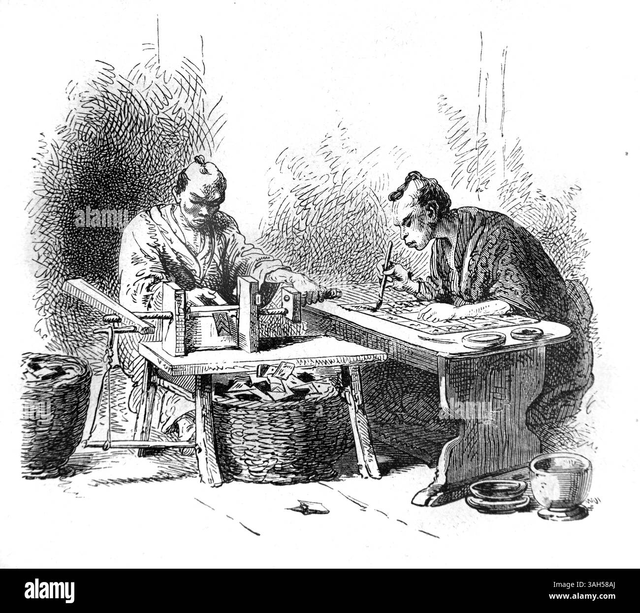 Imprimeur japonais dans Print Shop faire des cartes de visite, ouvriers artisanaux ou artisans dans Workshop ou Atelier Japon. Gravure vintage ou historique ou illustration 1866 Banque D'Images