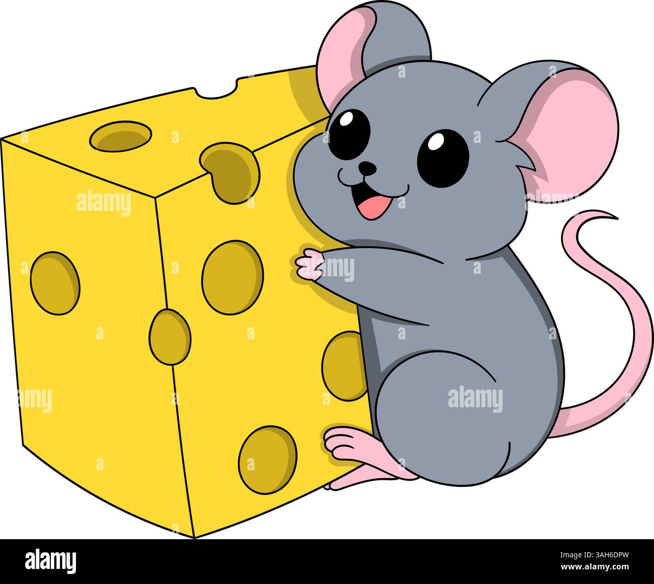 Adorable souris de dessin animé embrassant joyeusement un gros morceau de fromage suisse jaune. Avec des expressions faciales joyeuses et des couleurs pastel Illustration de Vecteur