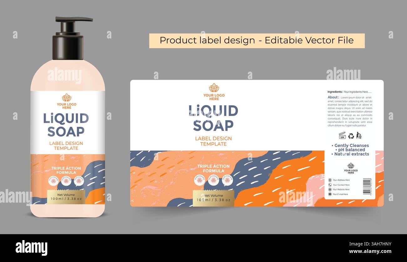 Conception d'étiquette de bouteille de savon liquide avec illustration maquette de bouteille de pompe vecteur éditable pour l'emballage de produit d'hygiène Illustration de Vecteur