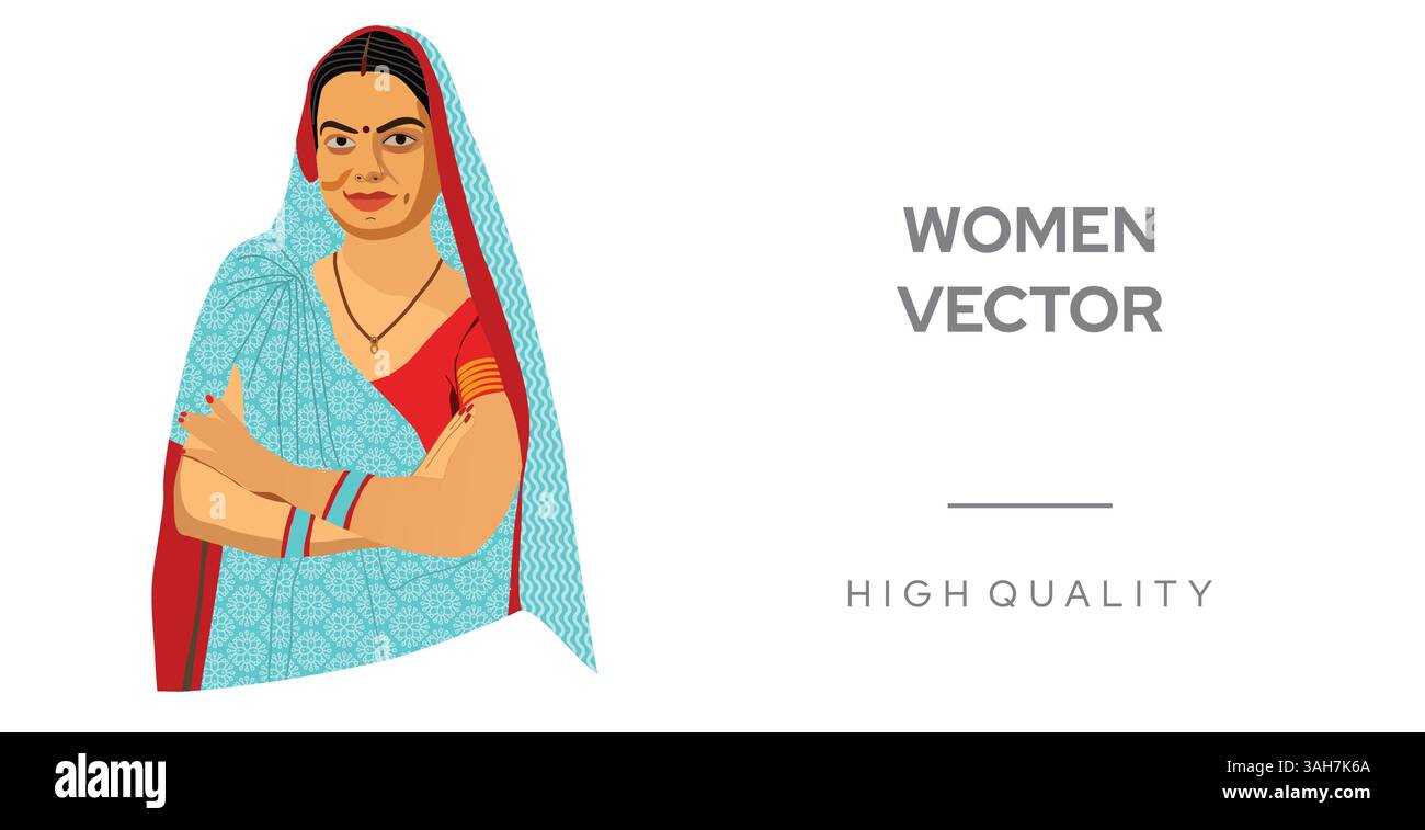 Illustration d'une femme rurale indienne portant un saree dans le champ vert, vecteur de femmes rurales, conception de logo de femmes, femmes dans la conception de village Illustration de Vecteur