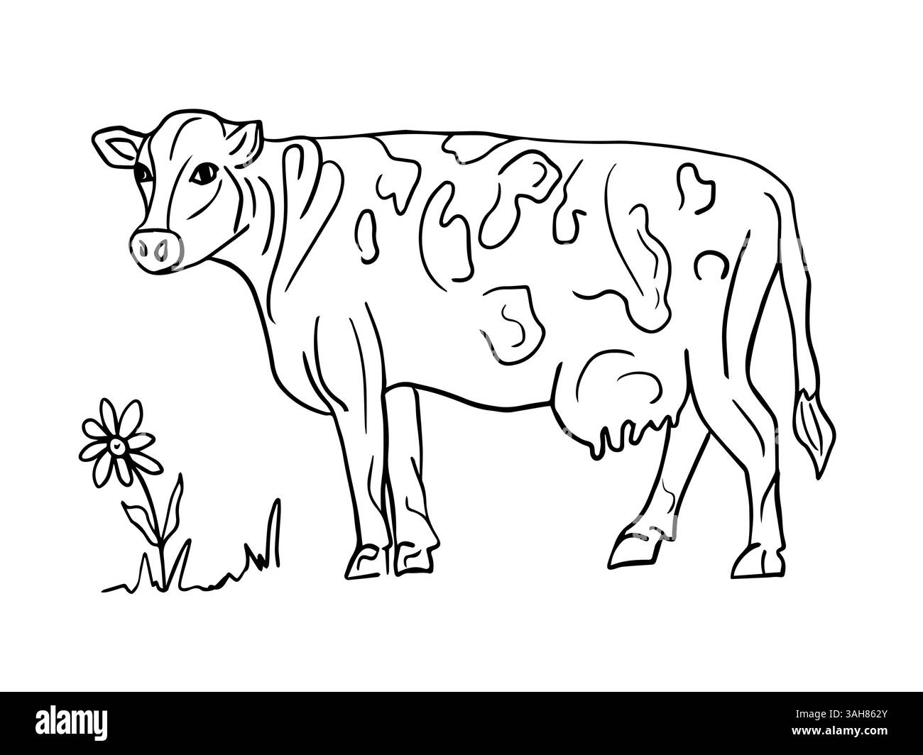 Vache mignonne avec fleur, illustration de contour horizontal dans le style doodle. Animaux de ferme, bovins. Le concept de produits agricoles, de produits laitiers biologiques et de viande. Bannière, le logo d'une laiterie. Illustration de Vecteur