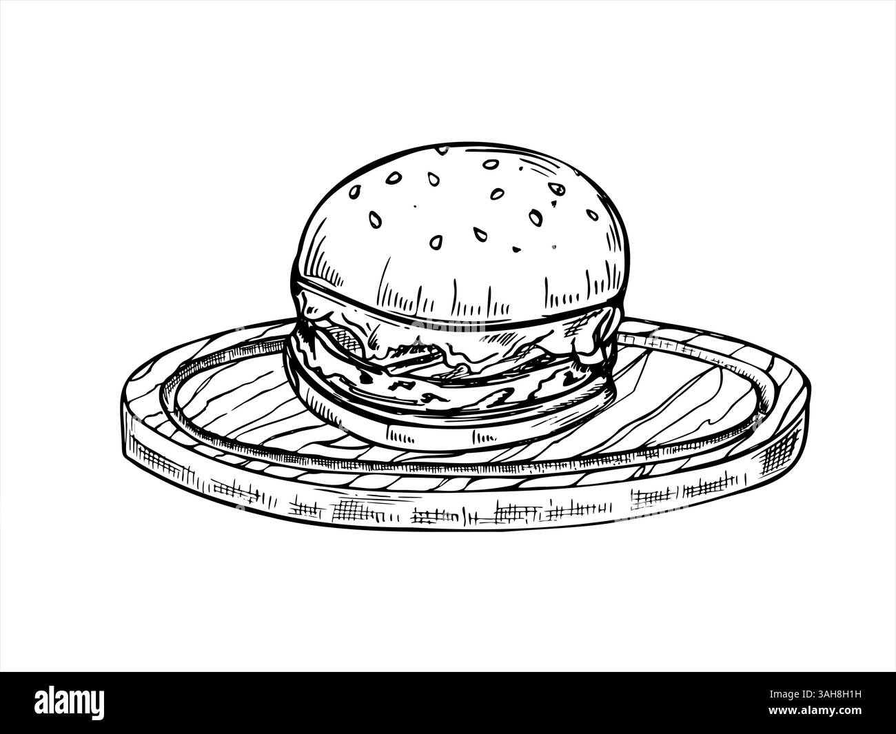 Hamburger juteux smash avec des tranches de tomate fraîches servies sur une planche de bois rustique illustration vectorielle à encre noire. Patty frit à la moutarde avec légumes, fromage Illustration de Vecteur