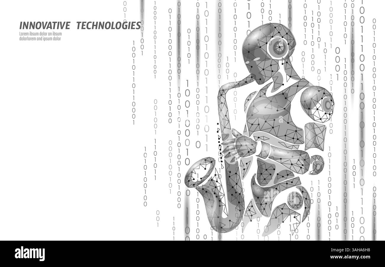 Robot jouant au saxophone avec code binaire. Concept de technologie de conception de maillage polygonal. Illustration adaptée à l'innovation musicale IA. Style poly bas Illustration de Vecteur
