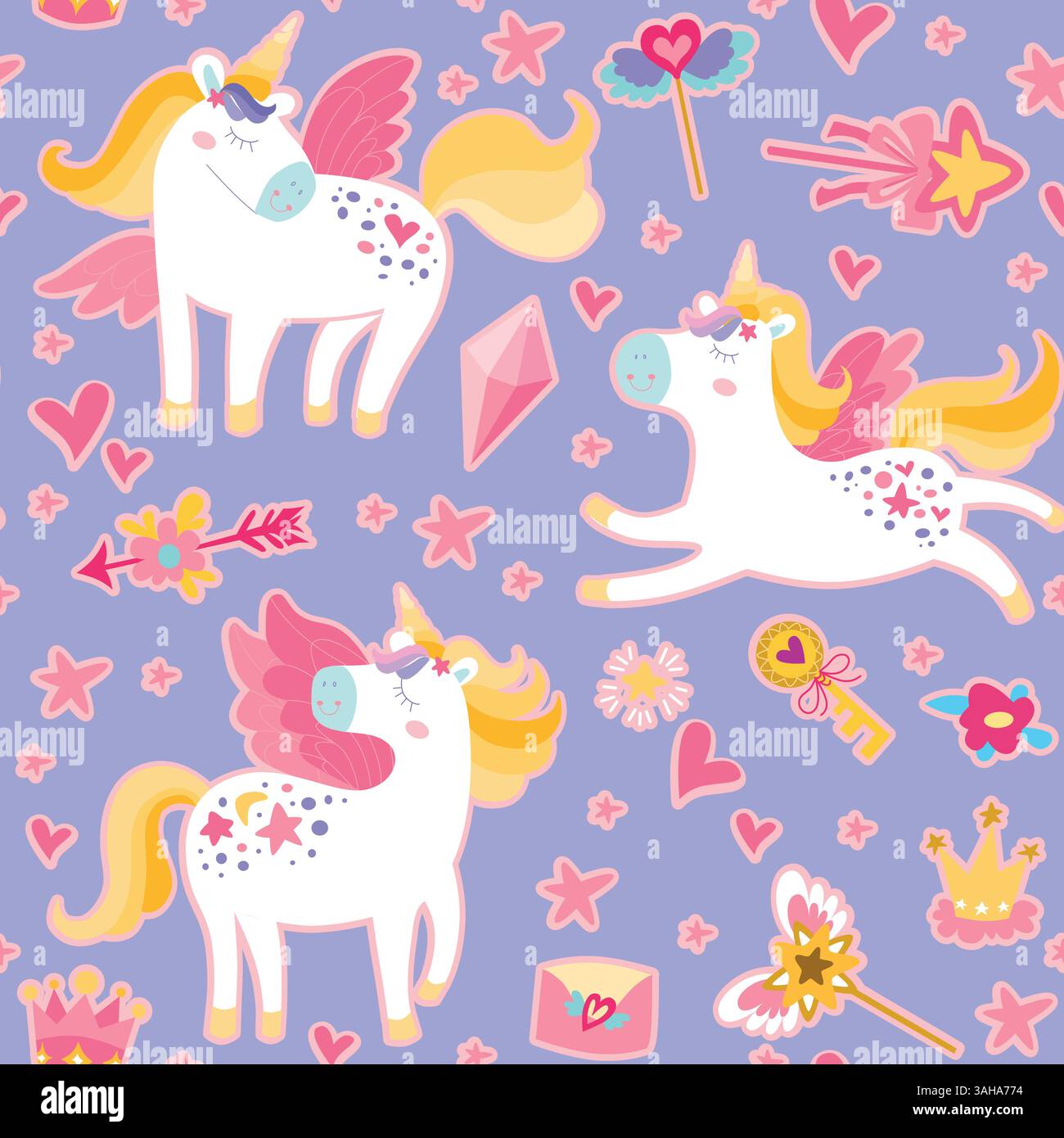 Motif licorne magique pour enfants. Joli ornement sans couture dessiné à la main avec licornes, baguette magique, étoiles. Texture vectorielle pour la literie des enfants, le tissu, le wallpape Illustration de Vecteur