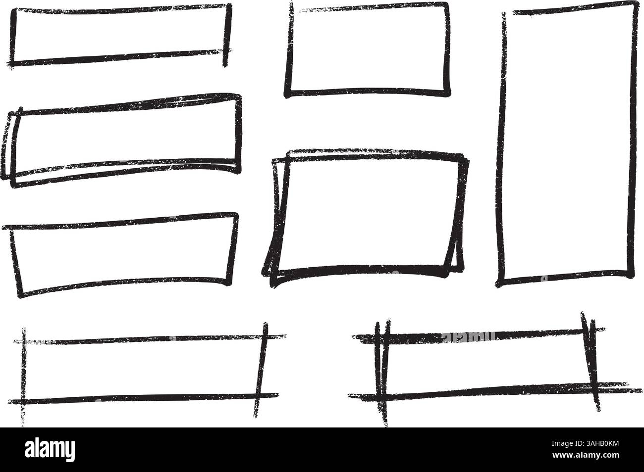 Ensemble rectangle de surbrillance de crayon - formes brutes dessinées à la main marqueur esquissé soulignant les éléments graphiques. Illustration de Vecteur