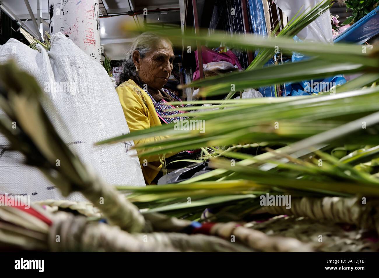 Mexico, CDMX, Mexique. 9 avril 2025. Le marché jamaïcain est célèbre pour ses ventes de fleurs ; cependant, chaque année, il accueille des artisans de Puebla, Guerrero, Oaxaca et Veracruz pour vendre leurs articles religieux faits à la main en palmier. Ces feuilles sont obtenues principalement à partir de la fleur d'hibiscus, qui est séchée après avoir été coupée puis tissée à la main pour créer des figures telles que des croix, des Christs crucifiés, etc Le dimanche des Rameaux est l'une des principales fêtes catholiques qui marque le début de la semaine Sainte ou Semana Santa Credit : Josue Perez/ZUMA Press Wire/ZUMA Wire/Alamy Live News Banque D'Images