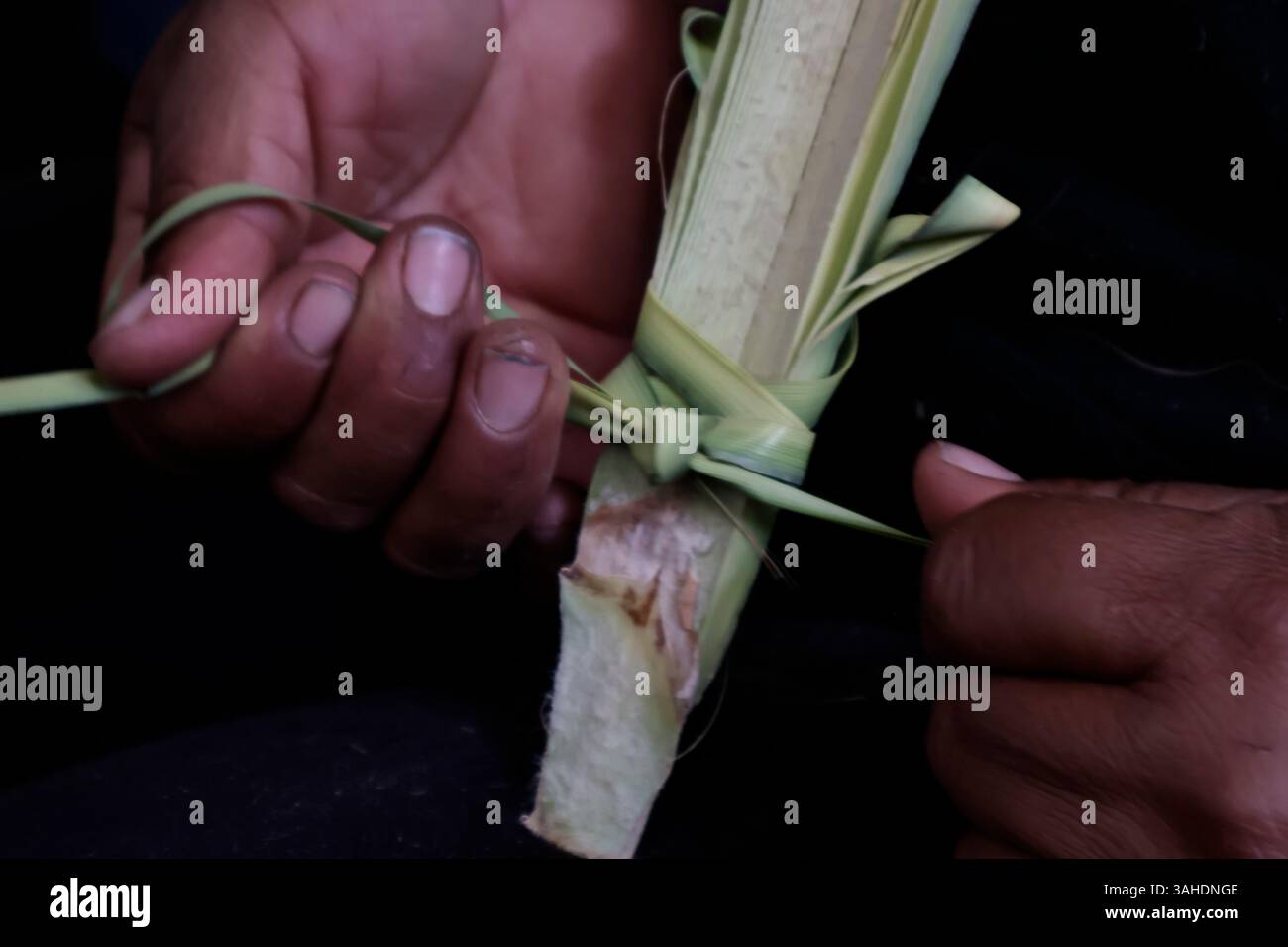 Mexico, CDMX, Mexique. 9 avril 2025. Le marché jamaïcain est célèbre pour ses ventes de fleurs ; cependant, chaque année, il accueille des artisans de Puebla, Guerrero, Oaxaca et Veracruz pour vendre leurs articles religieux faits à la main en palmier. Ces feuilles sont obtenues principalement à partir de la fleur d'hibiscus, qui est séchée après avoir été coupée puis tissée à la main pour créer des figures telles que des croix, des Christs crucifiés, etc Le dimanche des Rameaux est l'une des principales fêtes catholiques qui marque le début de la semaine Sainte ou Semana Santa Credit : Josue Perez/ZUMA Press Wire/ZUMA Wire/Alamy Live News Banque D'Images