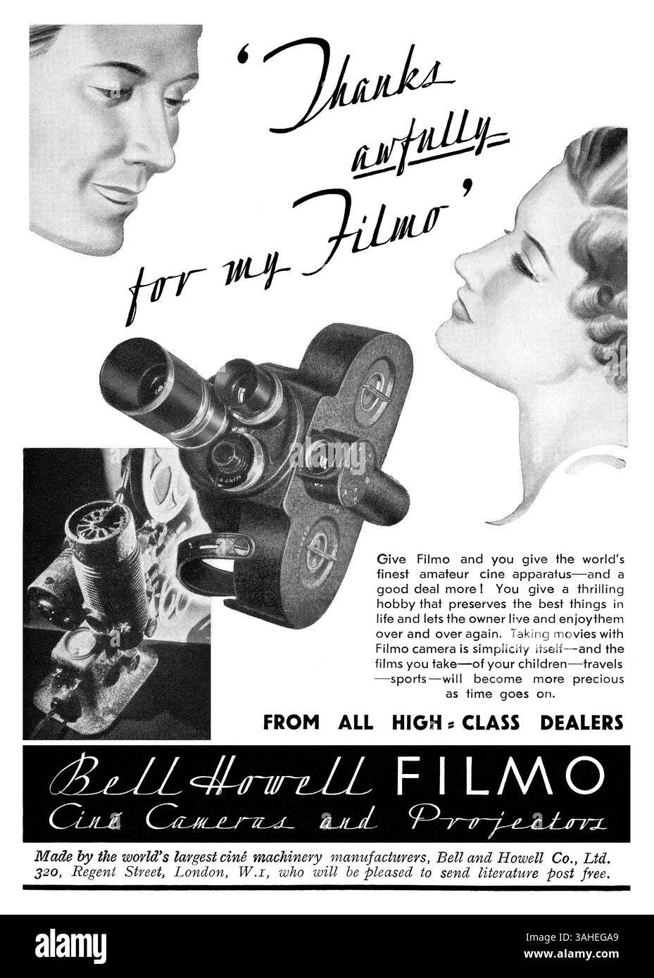 1934 publicité britannique pour les caméras et projecteurs de cinéma Bell Howell Filmo. Banque D'Images