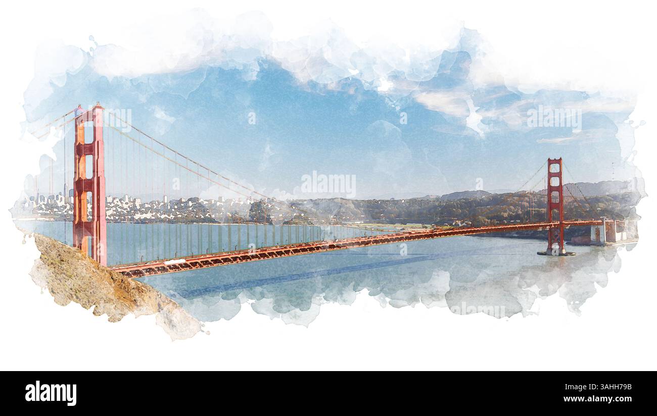 Dessin aquarelle stylisé du Golden Gate Bridge, mettant en valeur des tons vibrants et des coups de pinceau fluides qui mettent en valeur le légendaire landmar de San Francisco Banque D'Images