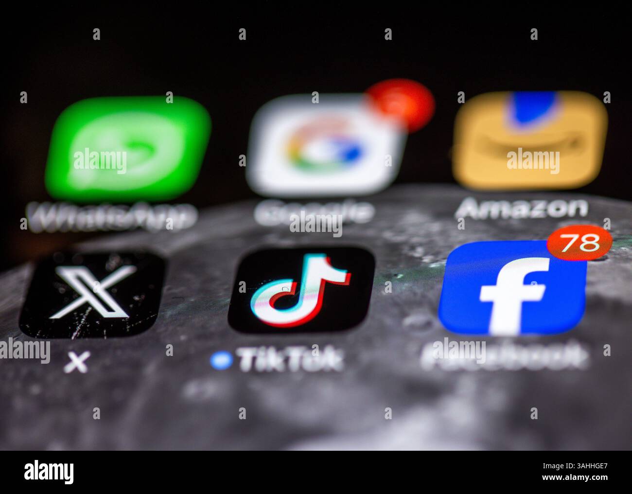 Schwerin, Allemagne. 10 avril 2025. Les applications de diverses entreprises technologiques américaines, WhatsApp, Google, Amazon, X et Facebook, peut être vu avec l'application chinoise TikTok sur l'écran d'un smartphone. Crédit : Jens Büttner/dpa/Alamy Live News Banque D'Images