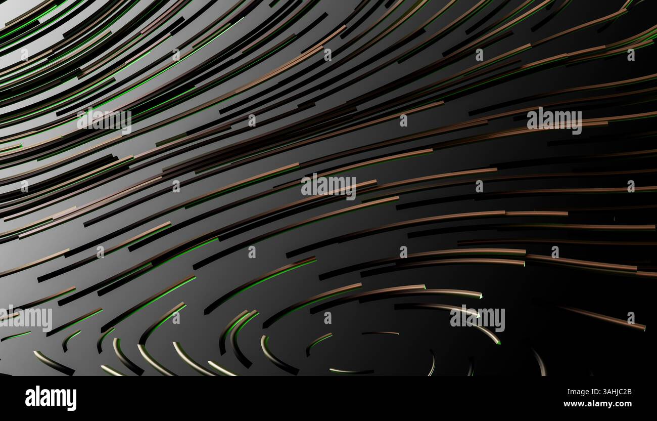 Fond sombre abstrait avec des lignes colorées tourbillonnantes créant une sensation de mouvement et de profondeur. Rendu 3D. Banque D'Images