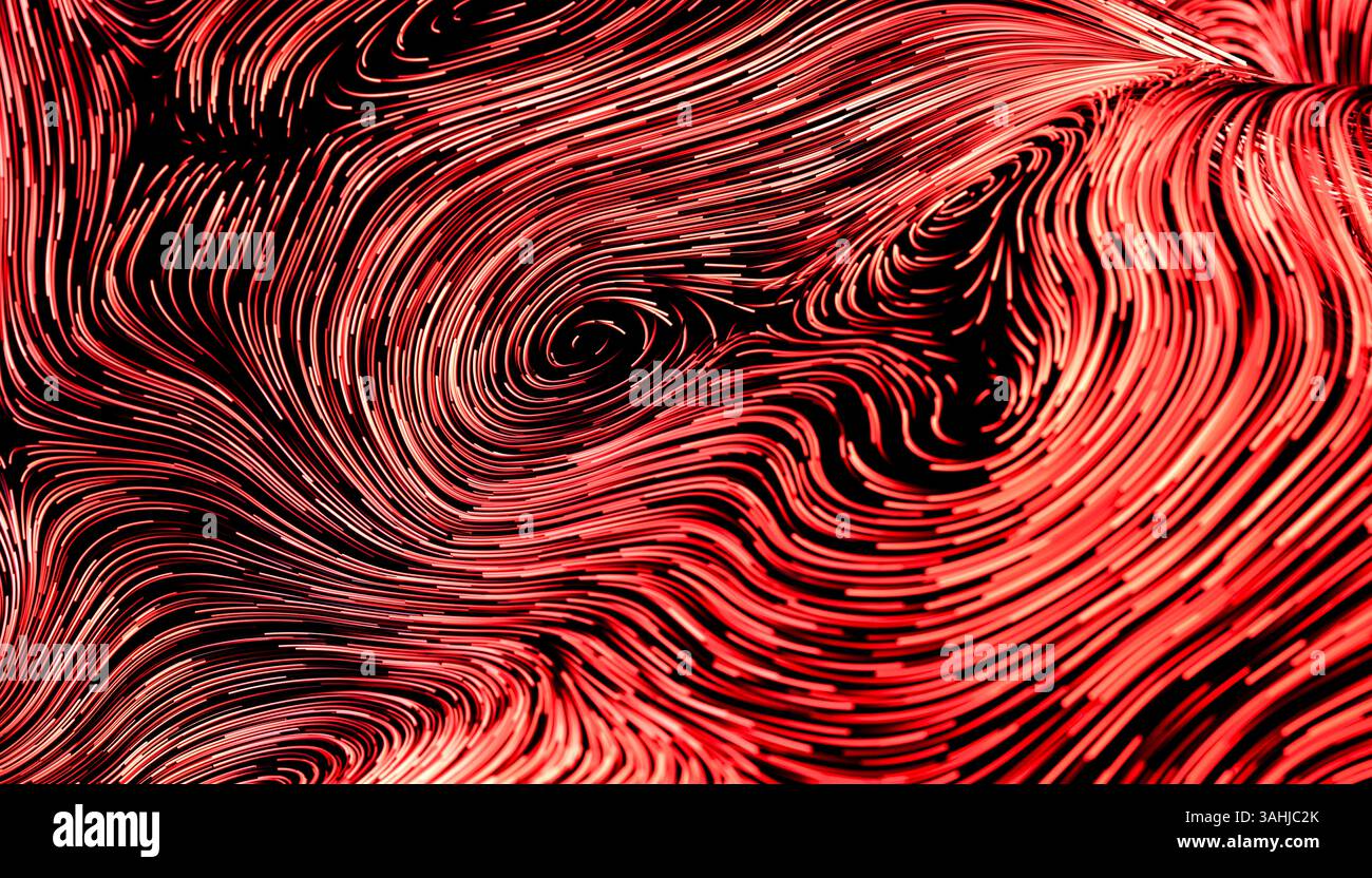 Lignes tourbillonnantes abstraites rouges et noires créant un motif dynamique et fascinant. Rendu 3D. Banque D'Images