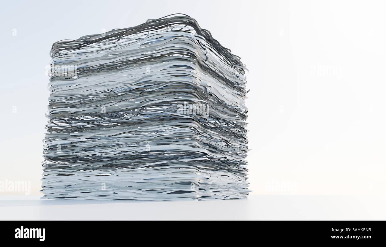 Pile imposante de feuilles de papier blanc et gris sur un fond flou doux. Illustration 3D du blender Banque D'Images