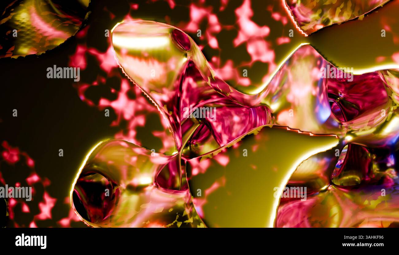 Des formes vibrantes abstraites avec des reflets colorés et des éléments brillants créent un motif dynamique. Illustration 3D du blender Banque D'Images