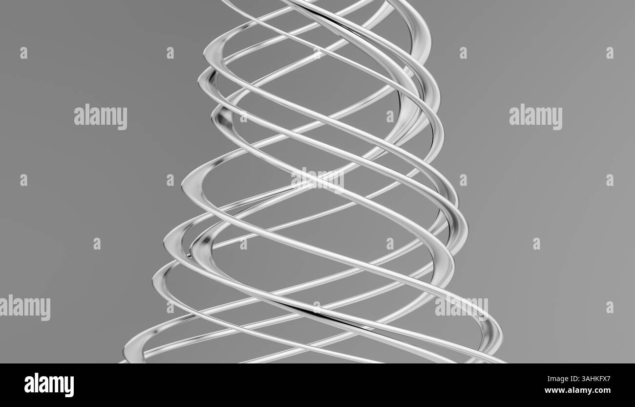 Sculpture abstraite en spirale chromée sur fond gris neutre. Illustration 3D du blender Banque D'Images