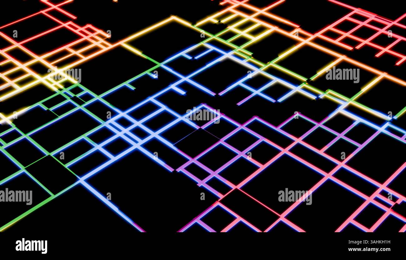 Les lignes de grille néon forment un motif abstrait sur un fond noir. Illustration 3D du blender Banque D'Images
