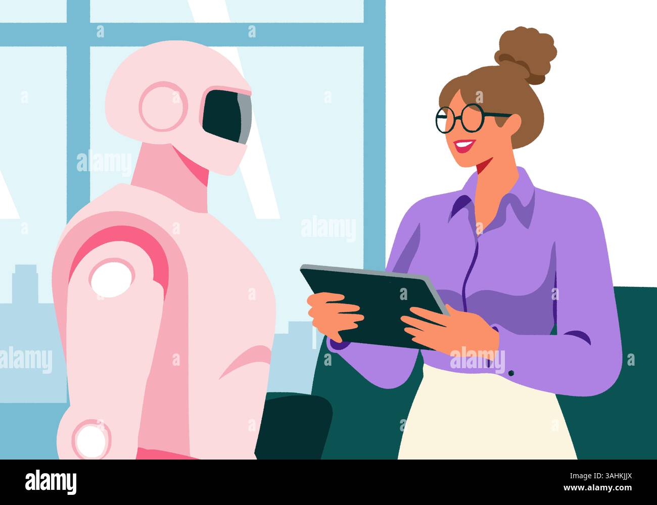 Illustration d'une femme avec tablette qui interagit avec un robot humanoïde dans un cadre de bureau moderne. Banque D'Images