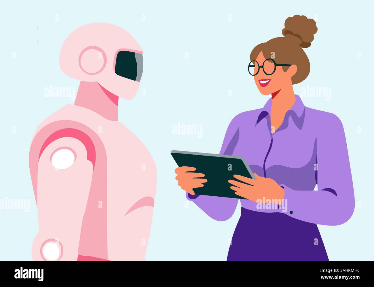 Illustration d'une femme avec tablette qui interagit avec un robot humanoïde. Banque D'Images