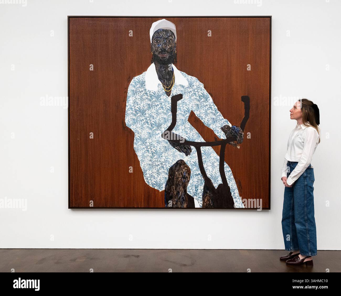 Londres, Royaume-Uni. 10 avril 2025. Black cycle, 2025, en avant-première de I Don’t Come to You by chance, une exposition de nouvelles œuvres de l’artiste ghanéenne Amoako Boafo dont les peintures réexaminent la compréhension occidentale de l’Afrique contemporaine et de la diaspora africaine. L'exposition se déroule du 10 avril au 24 mai 2025 à Gagosian Grosvenor Hill, Mayfair. Credit : Stephen Chung / Alamy Live News Banque D'Images Londres, Royaume-Uni. 10 avril 2025. Black cycle, 2025, en avant-première de I Don’t Come to You by chance, une exposition de nouvelles œuvres de l’artiste ghanéenne Amoako Boafo dont les peintures réexaminent la compréhension occidentale de l’Afrique contemporaine et de la diaspora africaine. L'exposition se déroule du 10 avril au 24 mai 2025 à Gagosian Grosvenor Hill, Mayfair. Credit : Stephen Chung / Alamy Live News Banque D'Images