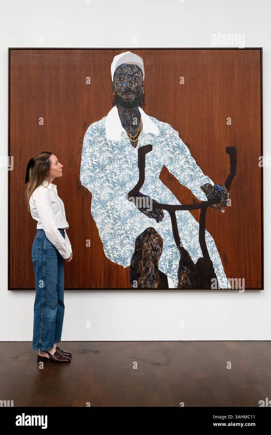 Londres, Royaume-Uni. 10 avril 2025. Black cycle, 2025, en avant-première de I Don’t Come to You by chance, une exposition de nouvelles œuvres de l’artiste ghanéenne Amoako Boafo dont les peintures réexaminent la compréhension occidentale de l’Afrique contemporaine et de la diaspora africaine. L'exposition se déroule du 10 avril au 24 mai 2025 à Gagosian Grosvenor Hill, Mayfair. Credit : Stephen Chung / Alamy Live News Banque D'Images Londres, Royaume-Uni. 10 avril 2025. Black cycle, 2025, en avant-première de I Don’t Come to You by chance, une exposition de nouvelles œuvres de l’artiste ghanéenne Amoako Boafo dont les peintures réexaminent la compréhension occidentale de l’Afrique contemporaine et de la diaspora africaine. L'exposition se déroule du 10 avril au 24 mai 2025 à Gagosian Grosvenor Hill, Mayfair. Credit : Stephen Chung / Alamy Live News Banque D'Images