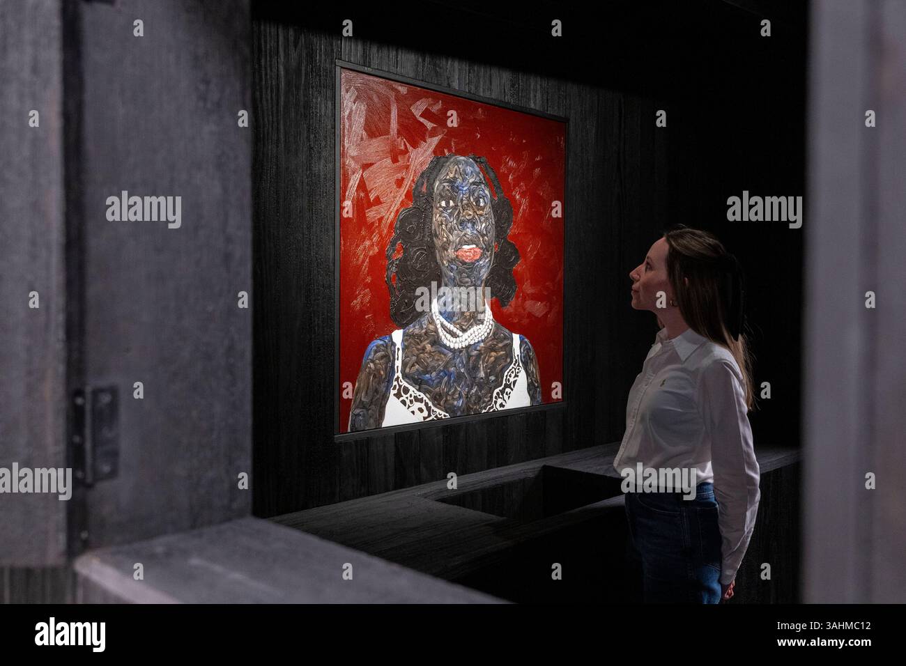 Londres, Royaume-Uni. 10 avril 2025. Pearls, 2025, en avant-première de I Don’t Come to You by chance, une exposition de nouvelles œuvres de l’artiste ghanéenne Amoako Boafo dont les peintures réexaminent la compréhension occidentale de l’Afrique contemporaine et de la diaspora africaine. L'exposition se déroule du 10 avril au 24 mai 2025 à Gagosian Grosvenor Hill, Mayfair. Credit : Stephen Chung / Alamy Live News Banque D'Images
