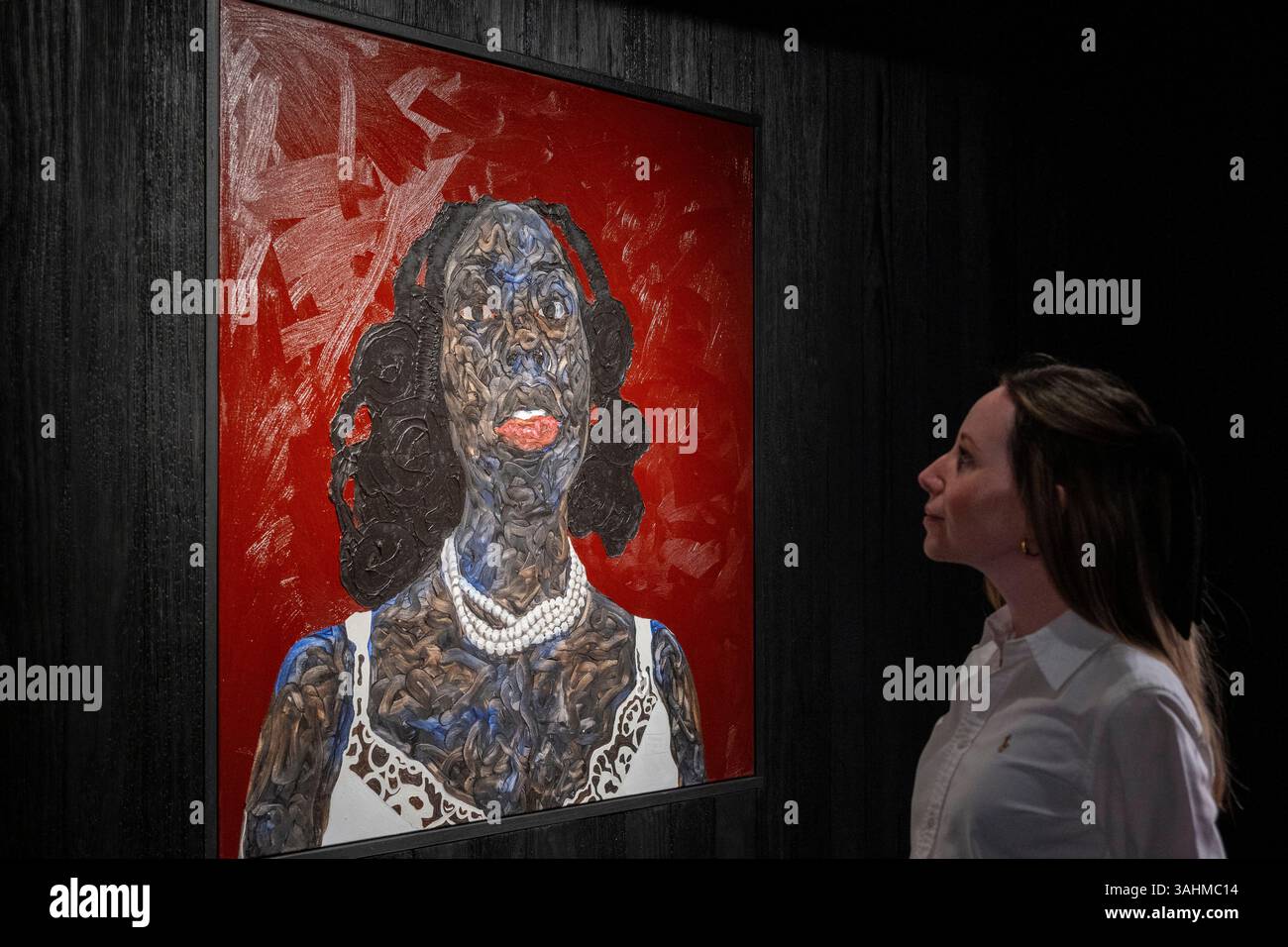 Londres, Royaume-Uni. 10 avril 2025. Pearls, 2025, en avant-première de I Don’t Come to You by chance, une exposition de nouvelles œuvres de l’artiste ghanéenne Amoako Boafo dont les peintures réexaminent la compréhension occidentale de l’Afrique contemporaine et de la diaspora africaine. L'exposition se déroule du 10 avril au 24 mai 2025 à Gagosian Grosvenor Hill, Mayfair. Credit : Stephen Chung / Alamy Live News Banque D'Images