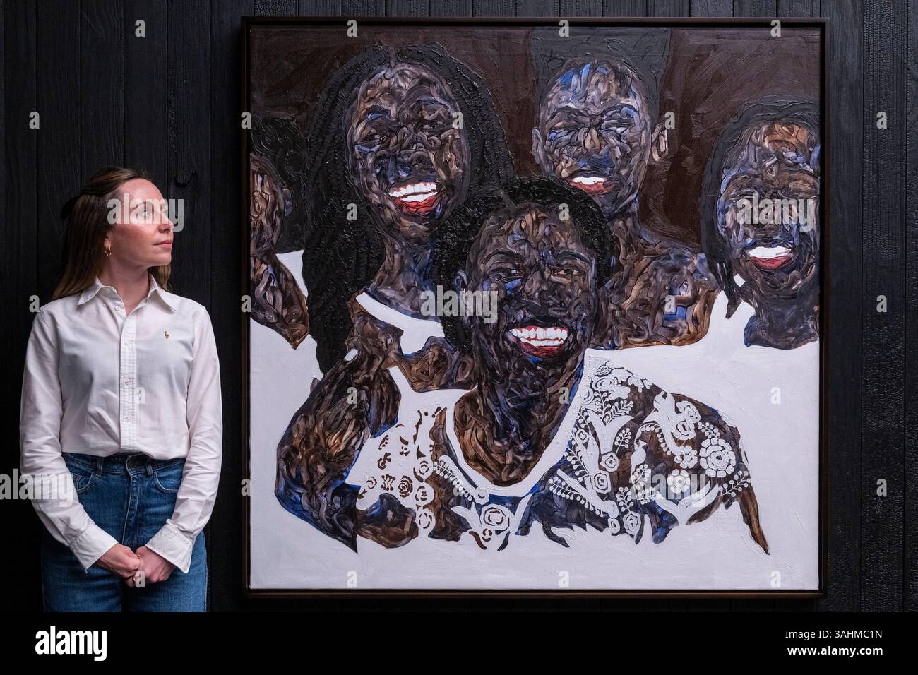 Londres, Royaume-Uni. 10 avril 2025. « Fun and Giggles », 2025, en avant-première de « I Don’t Come to You by chance », une exposition de nouvelles œuvres de l’artiste ghanéenne Amoako Boafo dont les peintures réexaminent la compréhension occidentale de l’Afrique contemporaine et de la diaspora africaine. L'exposition se déroule du 10 avril au 24 mai 2025 à Gagosian Grosvenor Hill, Mayfair. Credit : Stephen Chung / Alamy Live News Banque D'Images Londres, Royaume-Uni. 10 avril 2025. « Fun and Giggles », 2025, en avant-première de « I Don’t Come to You by chance », une exposition de nouvelles œuvres de l’artiste ghanéenne Amoako Boafo dont les peintures réexaminent la compréhension occidentale de l’Afrique contemporaine et de la diaspora africaine. L'exposition se déroule du 10 avril au 24 mai 2025 à Gagosian Grosvenor Hill, Mayfair. Credit : Stephen Chung / Alamy Live News Banque D'Images