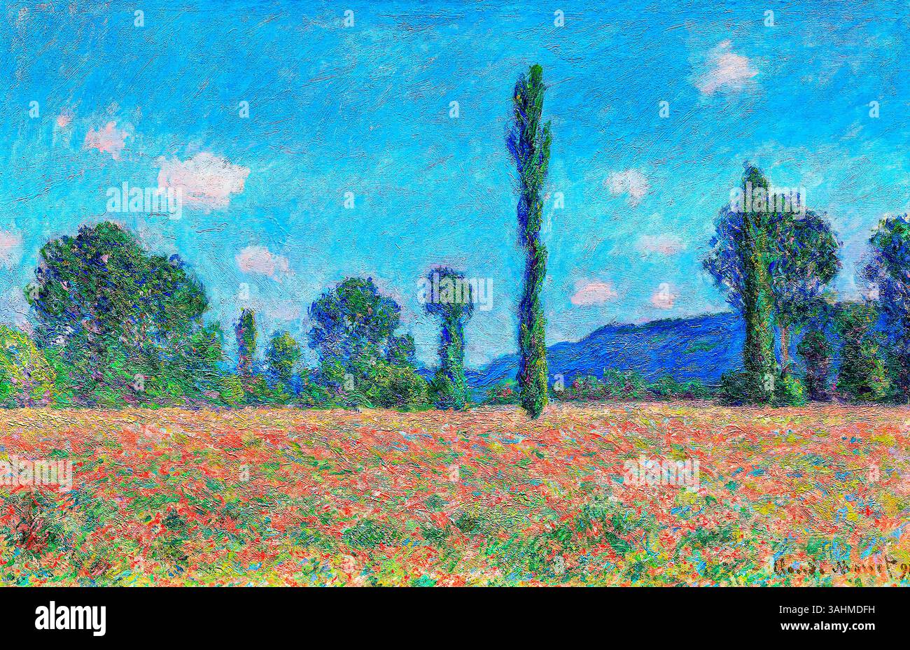 Champ de coquelicots, Giverny par Claude Monet – 1890 peinture paysagiste impressionniste, estampe d'art haute résolution du domaine public, scène rurale française en fleurs Banque D'Images