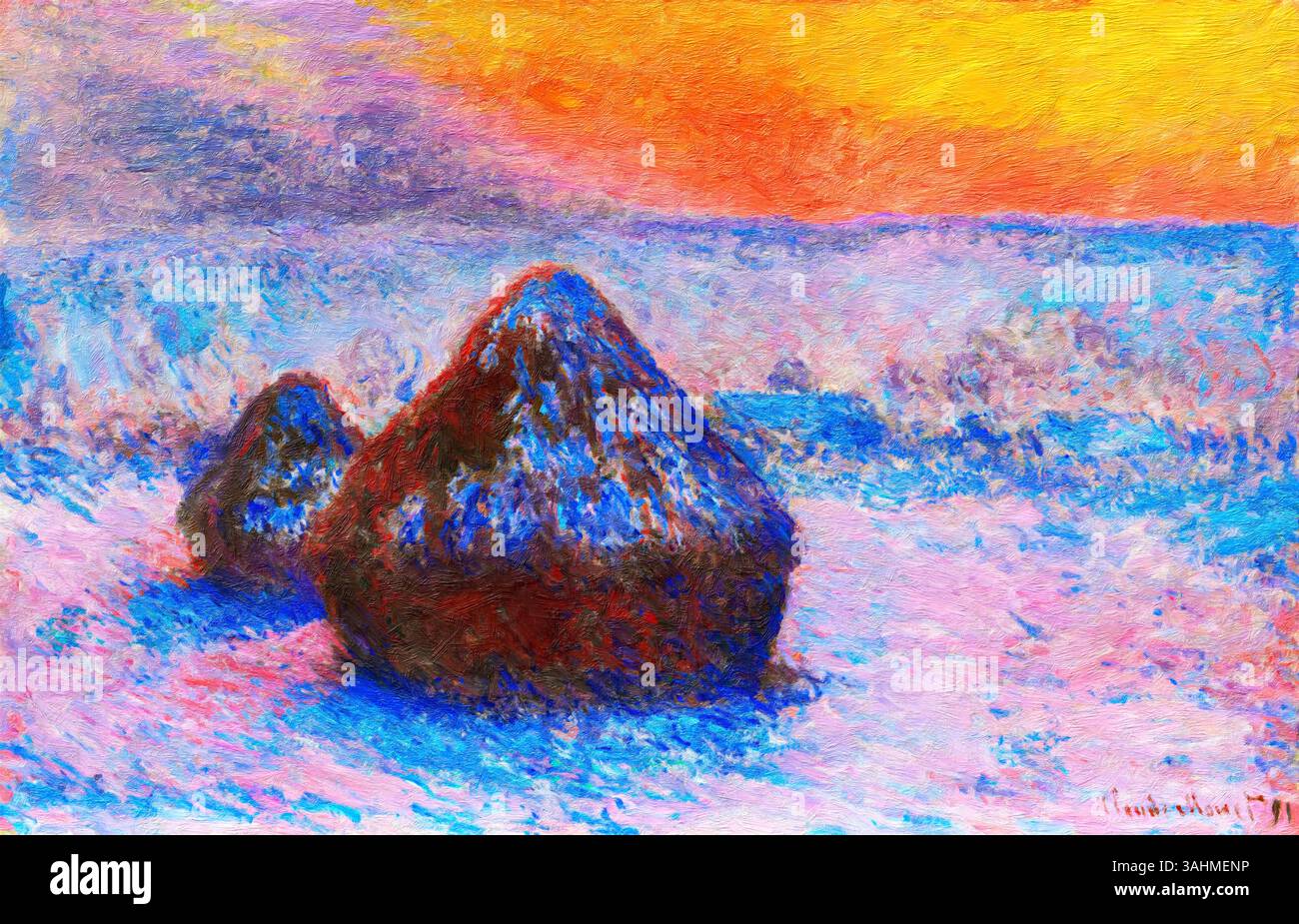 Botte de foin, Morning Snow Effect (1891) de Claude Monet – paysage hivernal impressionniste, impression d'art haute résolution du domaine public, Musée des Beaux-Arts Bo Banque D'Images