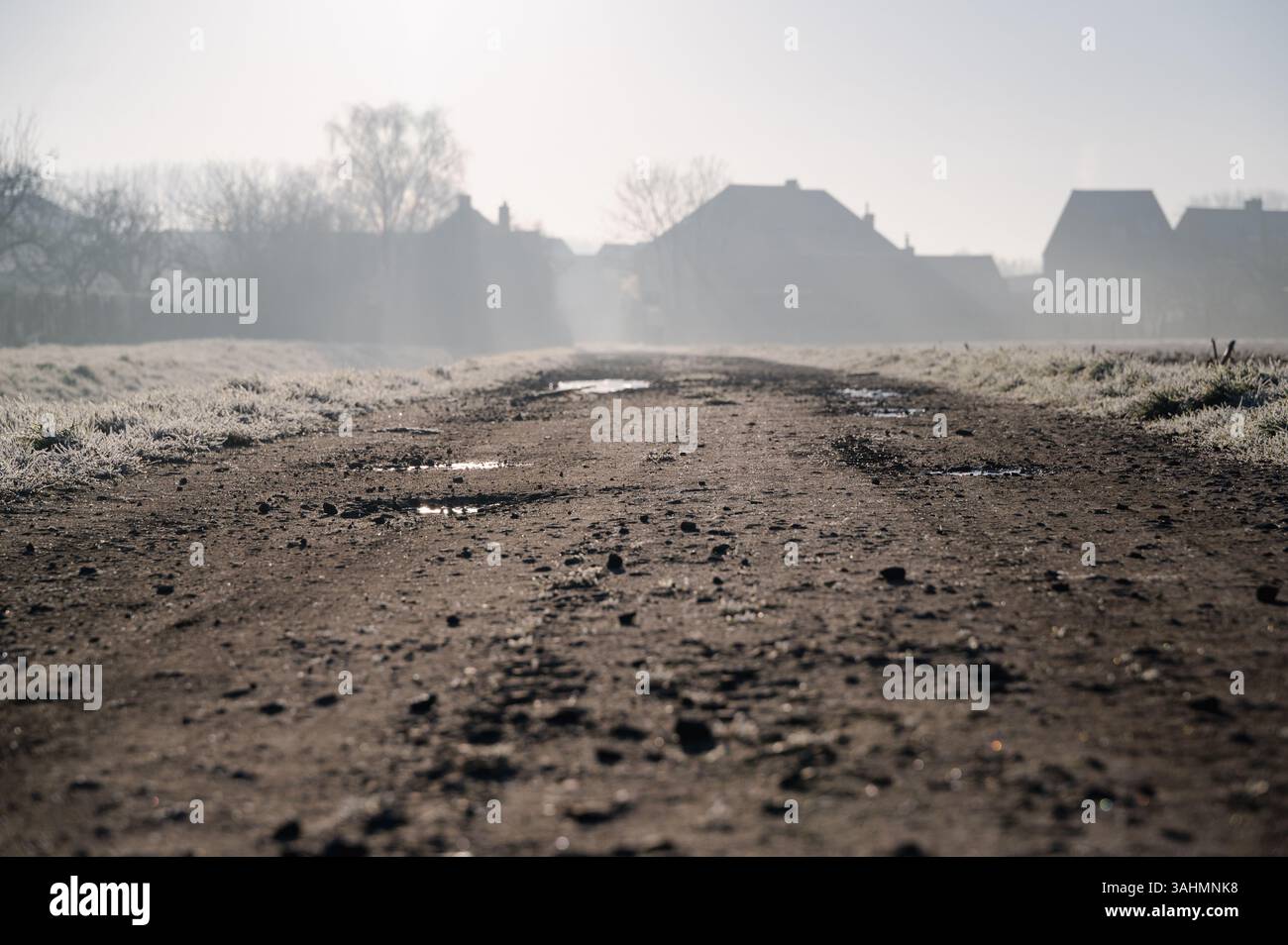 Un chemin de terre serpente à travers une scène pittoresque avec de charmantes maisons nichées en arrière-plan par une journée brumeuse et couverte de brouillard Banque D'Images