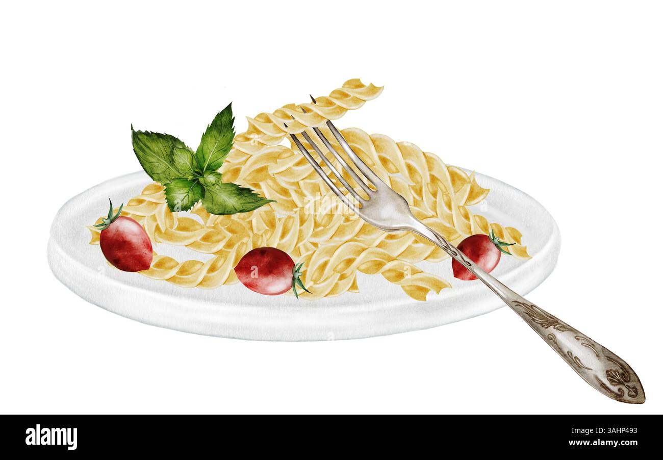 Pâtes Fusili sur une assiette avec une fourchette, peinture à l'aquarelle. Macaroni italien dessiné à la main avec tomates et basilic sur fond blanc. Pince alimentaire art Banque D'Images