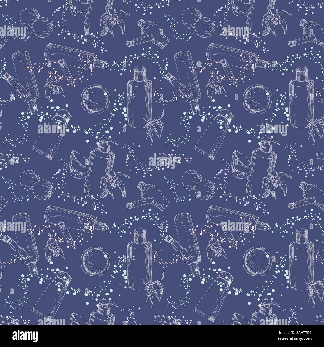 Flacons de vaporisation vaporisateurs de parfum pour eau de cologne, tube de crème, shampooing gel de bain, fleurs exotiques d'orchidée. Modèle sans couture isolé. Encre dessinée à la main vectorielle Illustration de Vecteur