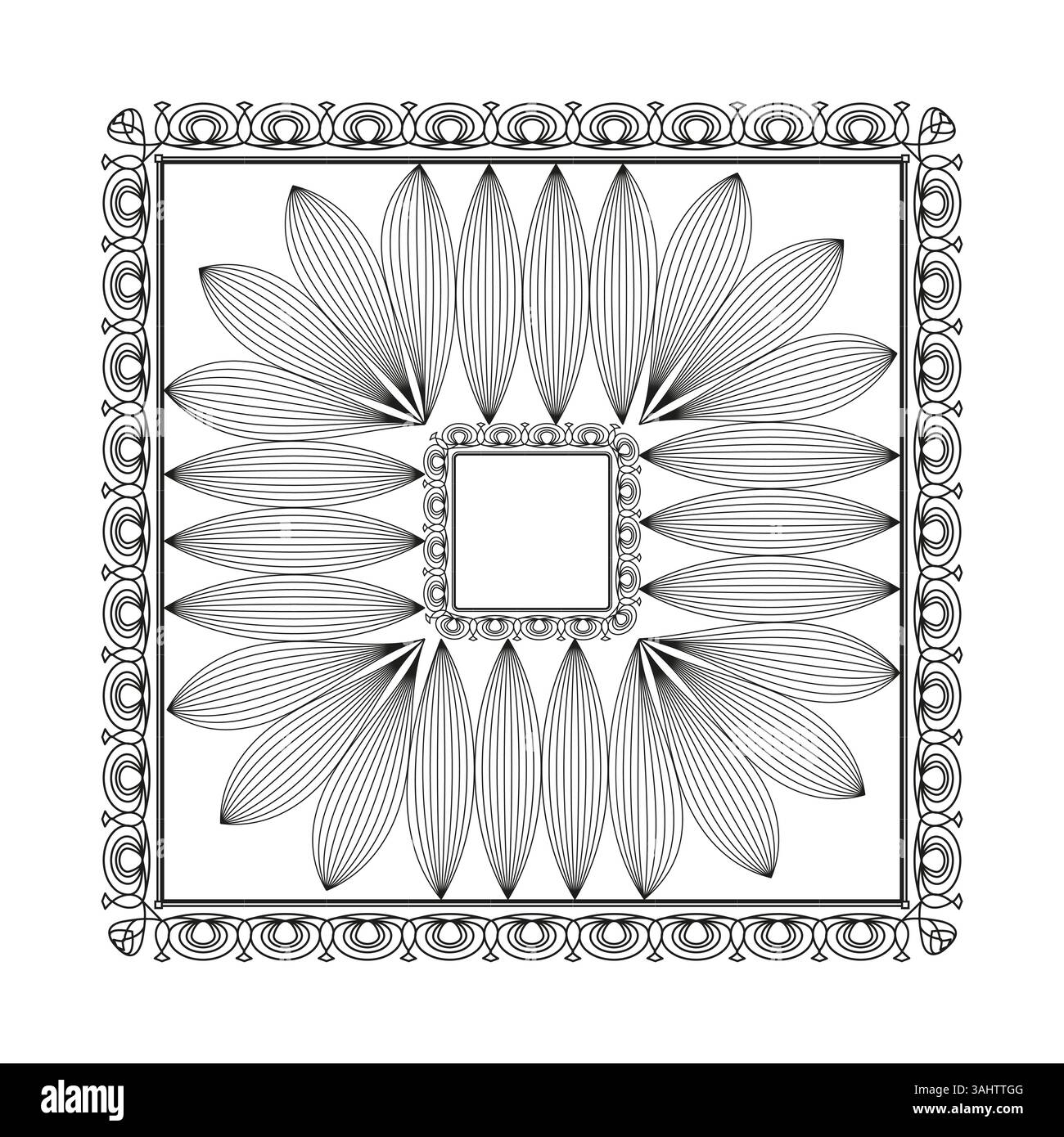 Fleur carrée ornementale. Elément vectoriel décoratif. Symétrie linéaire des pétales. Symbole artistique encadré. Illustration de Vecteur