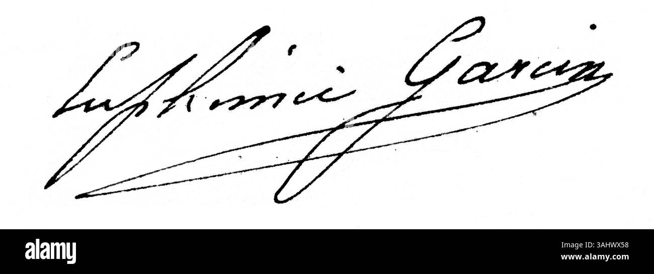 La signature d'Euphémie Vauthier-Garcin de 1863, apposée au verso d'une photographie, marque son identité d'écrivain, journaliste et membre de la Société des peuples des lettres de France. Sa signature souligne son importance littéraire et sa contribution à la littérature française du XIXe siècle. Banque D'Images