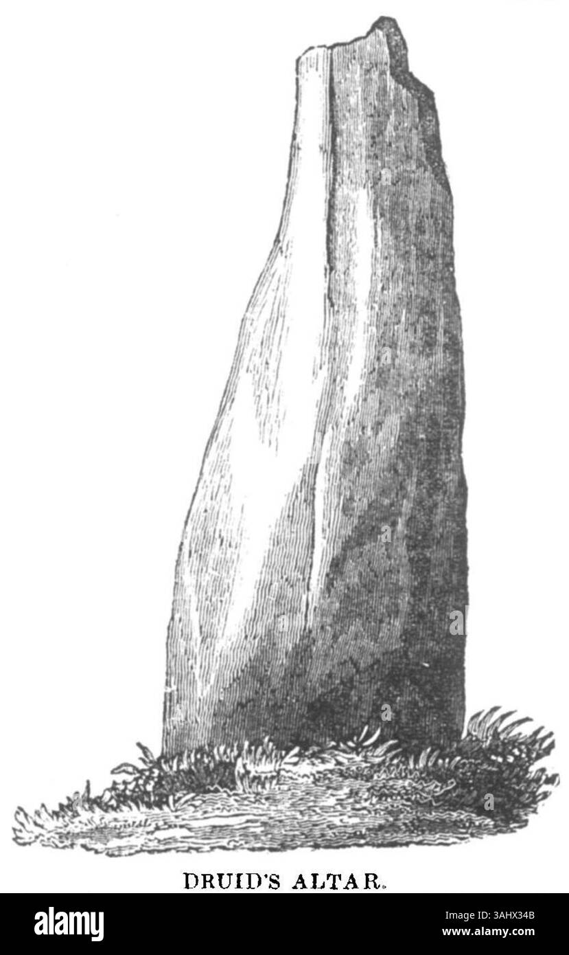 L'autel des druides est une illustration publiée en 1836 dans le Dublin Penny Journal, représentant un site ancien traditionnellement associé aux cérémonies druidiques. L'image présente un lieu historique mystérieux et significatif. Il met en valeur les éléments visuels de l'autel, capturant à la fois son environnement architectural et naturel. Banque D'Images