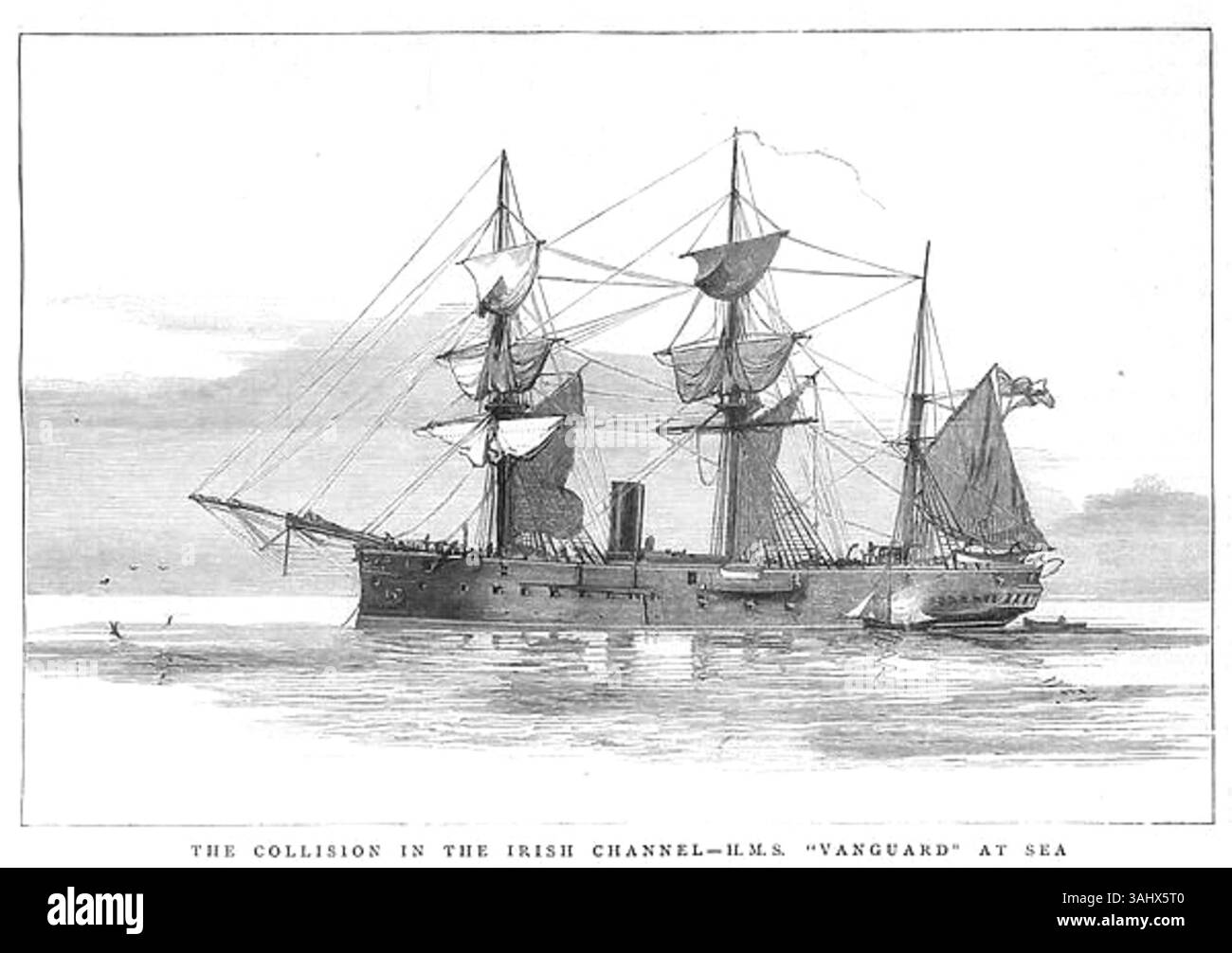 Cette gravure sur bois de 1875 représente la collision dans la Manche irlandaise impliquant le HMS Vanguard. Publié dans The Graphic, il illustre le moment dramatique où le navire de guerre est entré en collision en mer, un événement important dans l'histoire navale. Banque D'Images