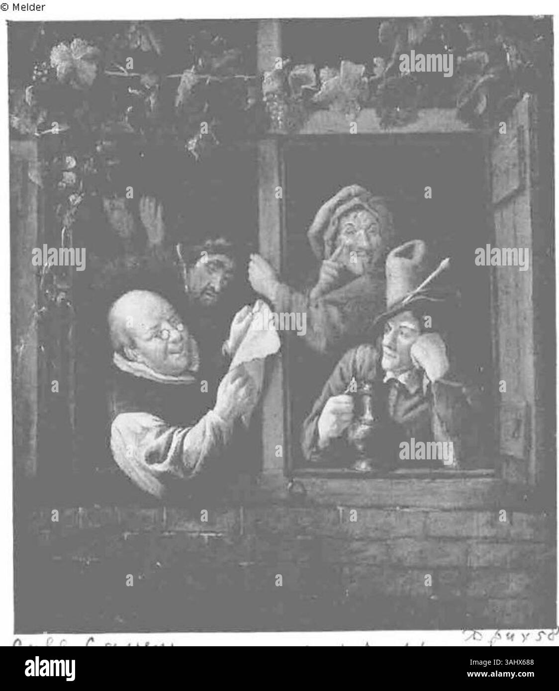 « Rhetoricians at a Window » de Jan Steen (c.1700) représente quatre chercheurs engagés dans la discussion. Cette peinture à l'huile sur panneau met en valeur la maîtrise de Steen de l'art de genre, capturant la vie quotidienne avec humour et détail. Banque D'Images