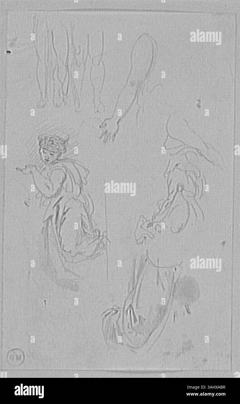 La feuille d'études diverses de Gustave Moreau comprend une gamme de croquis, à la fois de figures humaines et d'éléments décoratifs. Ces diverses études mettent en valeur son habileté à combiner réalisme et design imaginatif, explorant diverses formes artistiques. L’œuvre est conservée au musée Gustave Moreau. Banque D'Images