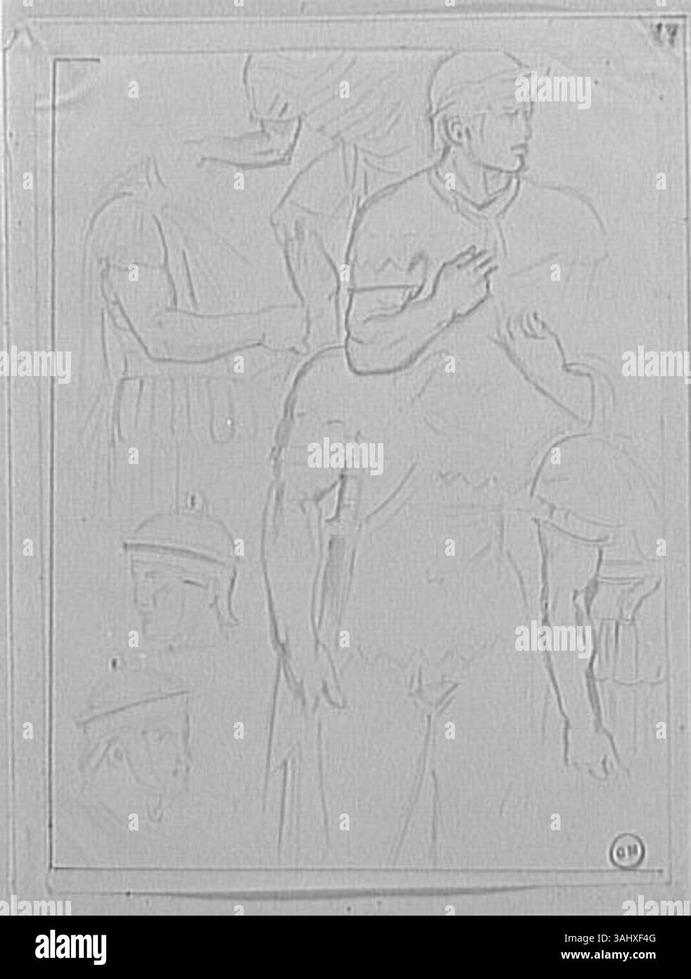 Cette étude de soldat romain de Gustave Moreau fait partie d’une série de croquis illustrant son intérêt pour les figures militaires historiques. La figure est méticuleusement détaillée, avec un accent sur l'armure et la posture, reflétant le dévouement de Moreau au réalisme et aux études classiques. Banque D'Images