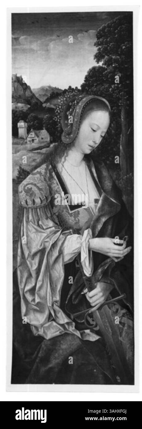 Cette peinture du maître anonyme de Francfort représente Sainte Catherine d'Alexandrie, une sainte chrétienne, à l'huile sur panneau. Il est daté entre 1500 et 1524 et met en évidence les détails complexes typiques de l'art religieux de l'époque. Banque D'Images