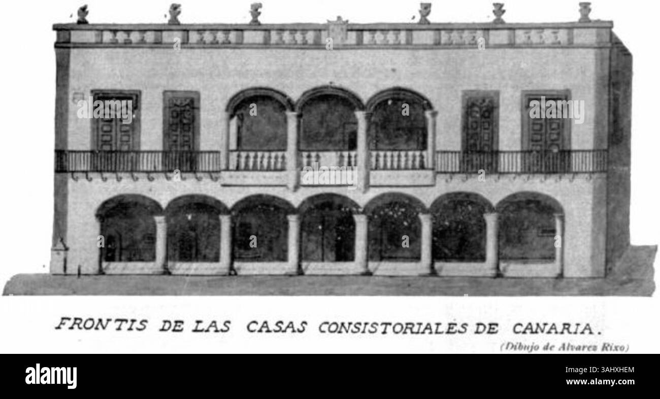 Dessin du XIXe siècle de José Agustín Álvarez Rixo, représentant les Casas Consistoriales de Canaria, dessiné en 1810. Le point de vue de l'artiste capture les caractéristiques architecturales du bâtiment public historique, qui a servi de mairie aux îles Canaries. Banque D'Images
