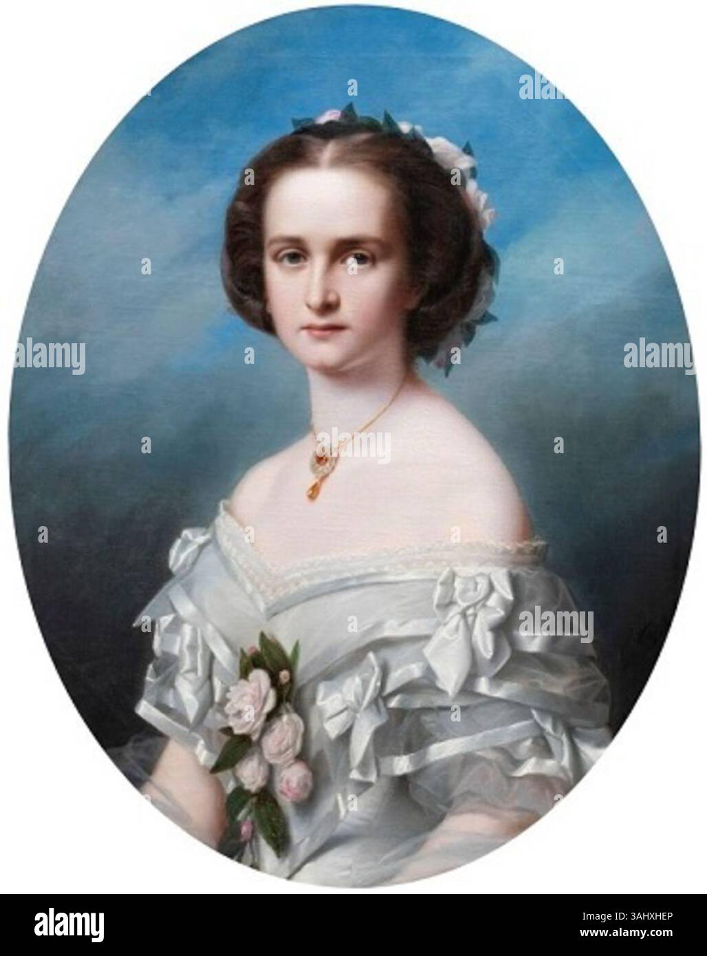 Ce portrait de Theodor Hamacher, peint en 1858, représente Joanna Jadwiga von Ballestrem, née von Saurma-Jeltsch. La peinture est huile sur toile et a été créée au château de Pszczyna. Il présente une représentation détaillée d'une noble de l'époque, capturant l'élégance et les caractéristiques de l'aristocratie européenne du XIXe siècle. Banque D'Images
