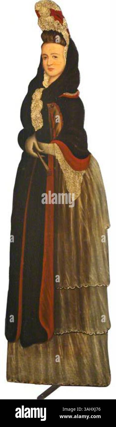 Cette planche factice, peinte entre 1702 et 1714, représente une dame en robe Reine Anne, mettant en valeur la mode du début du XVIIIe siècle en Angleterre. Banque D'Images