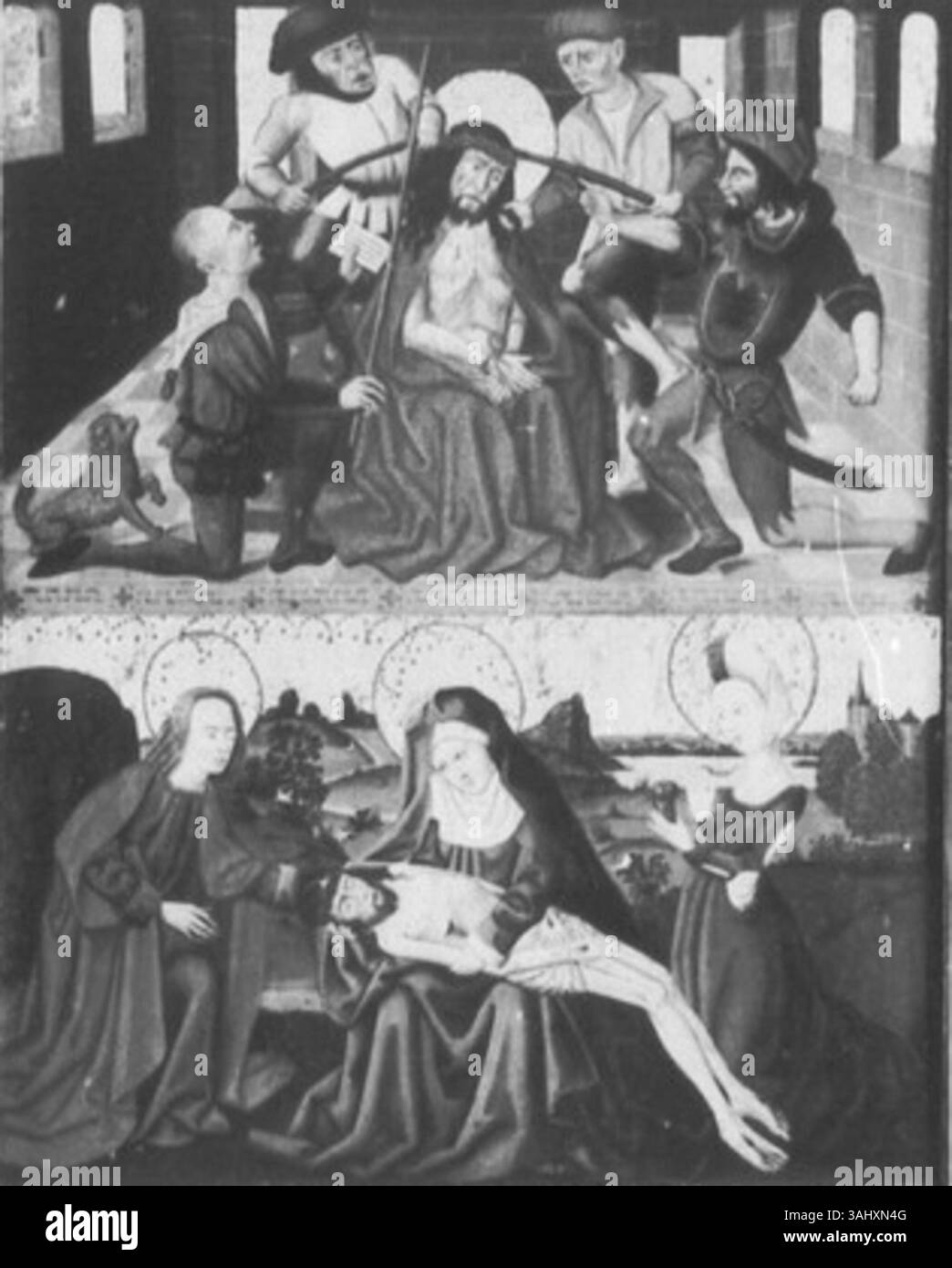 Ce retable ailé, créé par l'atelier de Hermen Rode dans les années 1470, représente des thèmes religieux, dont Jean l'Apôtre sur le panneau de gauche. Il s'agit d'une peinture à l'huile sur bois de chêne logée dans le Musée d'Anne. Banque D'Images
