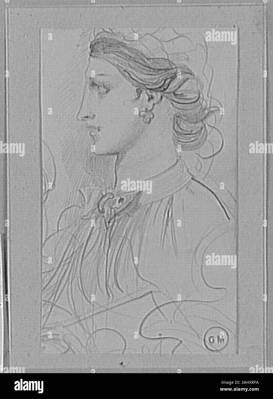 Cette étude de profil d'une femme avec une boucle d'oreille par Gustave Moreau, créée entre 1850 et 1895, capture les traits délicats du visage féminin dans le profil, soulignant les détails subtils de la boucle d'oreille et le flot des cheveux. Banque D'Images