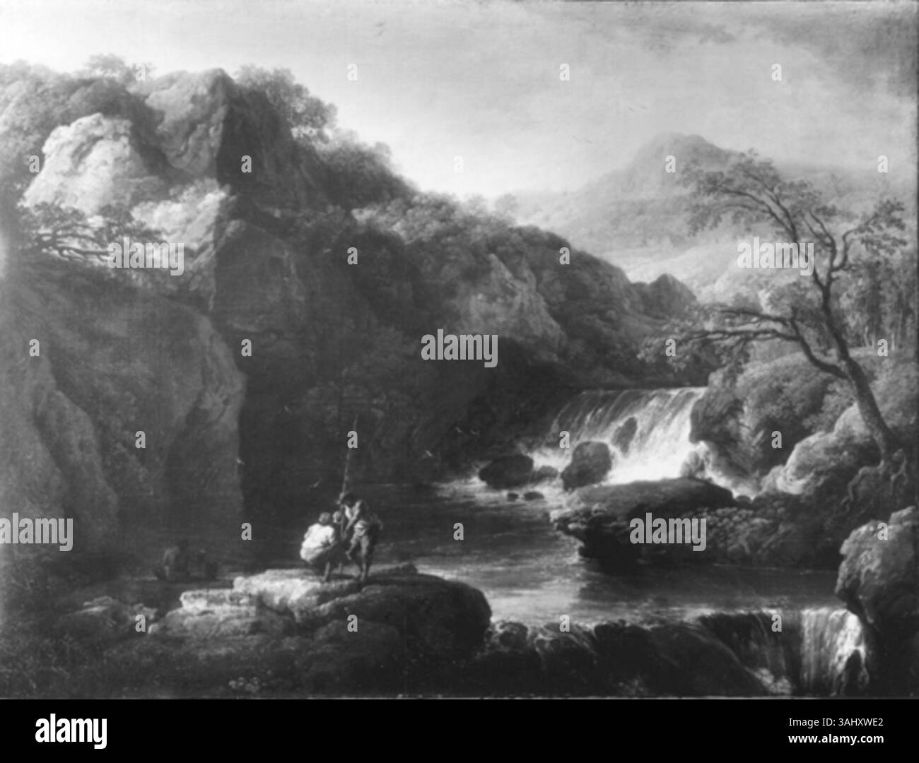 Cette peinture de paysage de style romain datant d'environ 1660, attribuée à Salvator Rosa, représente une scène montagneuse avec une rivière et des cascades. Il illustre les paysages spectaculaires et naturels typiques du Baroque compris Banque D'Images