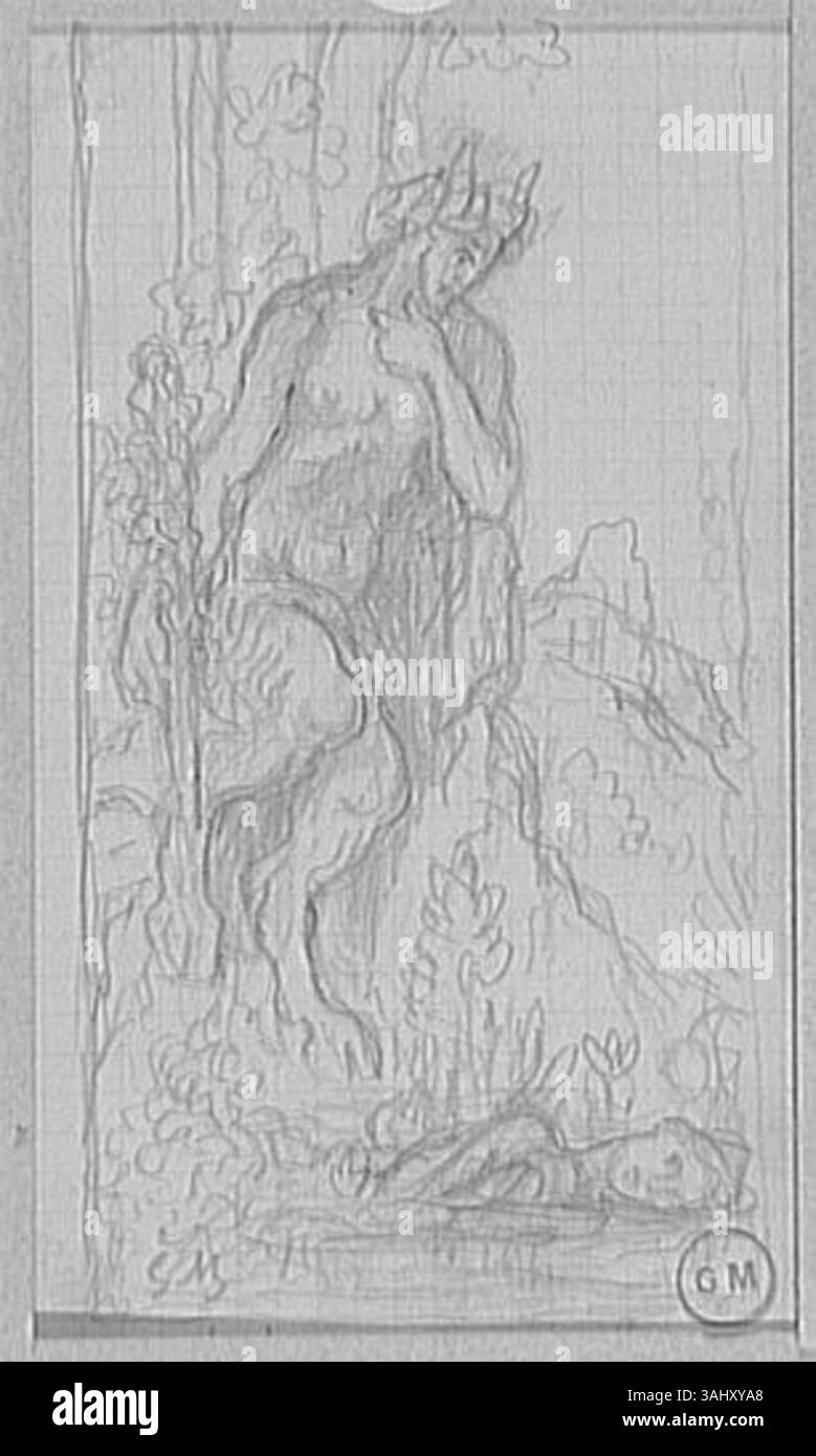 « Pan contemplant une source » de Gustave Moreau, créé entre 1850 et 1895, représente la figure mythologique Pan regardant une source, mêlant mythologie classique et nature. L’œuvre est conservée au musée Gustave Moreau. Banque D'Images